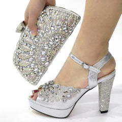 Italian Design Summer Rhinestone Party High Heel Sandals for Nigerian Women Fashion High Quality Wedding Shoes and Bags Set